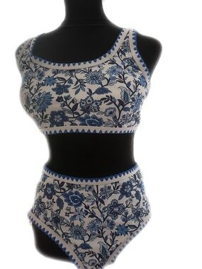 Blue Floral High-Waist Bikini Set - White & Blue